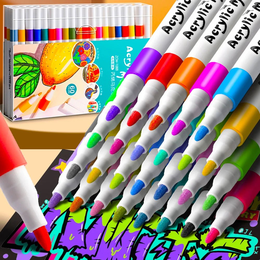 12 - 60 Colors Acrylic Markers Pen Set Paint Art Marker Soft Tip Pen for Children Stone Paint Ceramic Glass Wood Fabric Painting - Firu Total Sales