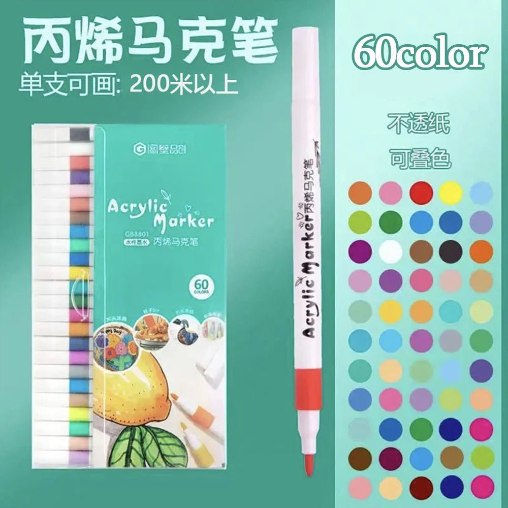 12 - 60 Colors Acrylic Markers Pen Set Paint Art Marker Soft Tip Pen for Children Stone Paint Ceramic Glass Wood Fabric Painting - Firu Total Sales