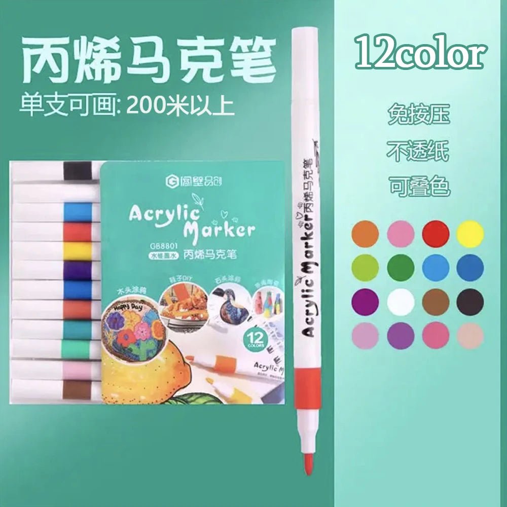 12 - 60 Colors Acrylic Markers Pen Set Paint Art Marker Soft Tip Pen for Children Stone Paint Ceramic Glass Wood Fabric Painting - Firu Total Sales