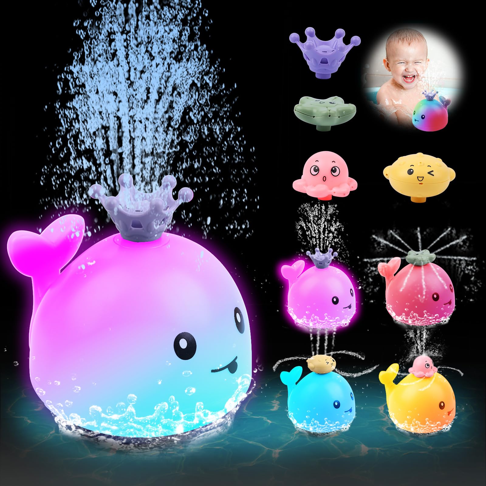 Juguete de Baño Ballena para Bebé - Rociador con Luz LED