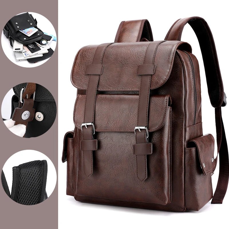2023 Men Backpack PU Leather Bagpack Large Laptop Backpacks Male Mochilas Black Schoolbag For Teenagers Boys Brown Sac A Dos - Firu Total Sales