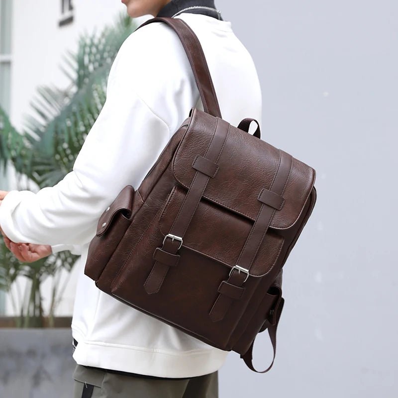 2023 Men Backpack PU Leather Bagpack Large Laptop Backpacks Male Mochilas Black Schoolbag For Teenagers Boys Brown Sac A Dos - Firu Total Sales