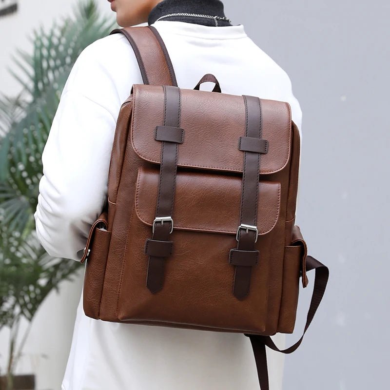 2023 Men Backpack PU Leather Bagpack Large Laptop Backpacks Male Mochilas Black Schoolbag For Teenagers Boys Brown Sac A Dos - Firu Total Sales