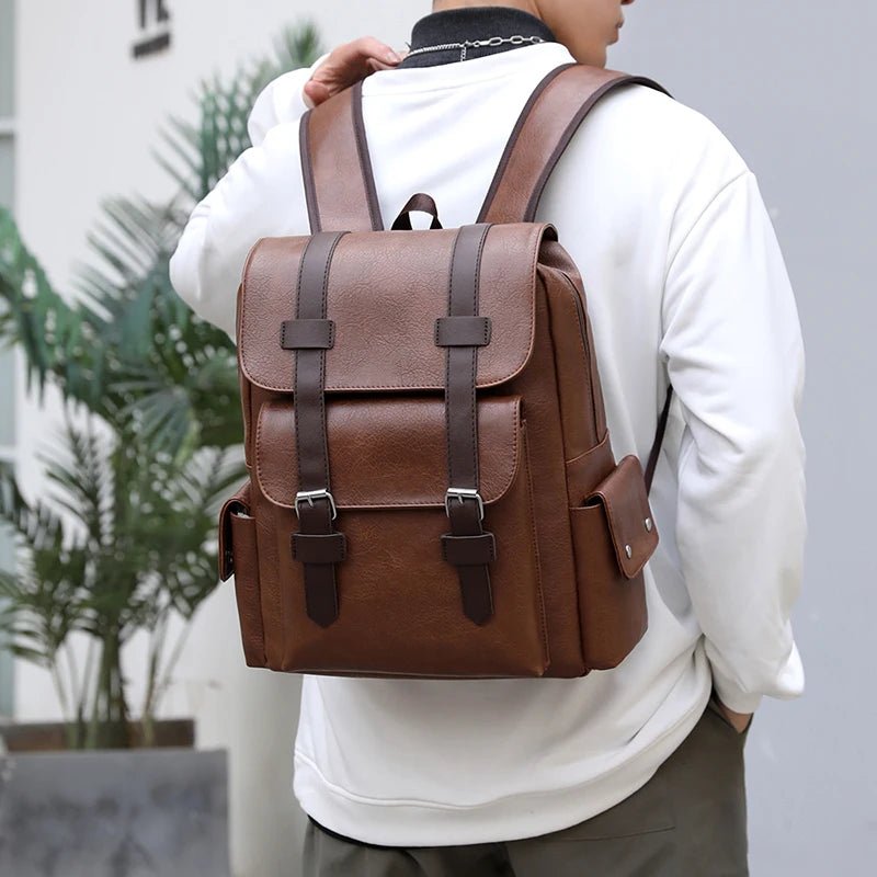 2023 Men Backpack PU Leather Bagpack Large Laptop Backpacks Male Mochilas Black Schoolbag For Teenagers Boys Brown Sac A Dos - Firu Total Sales