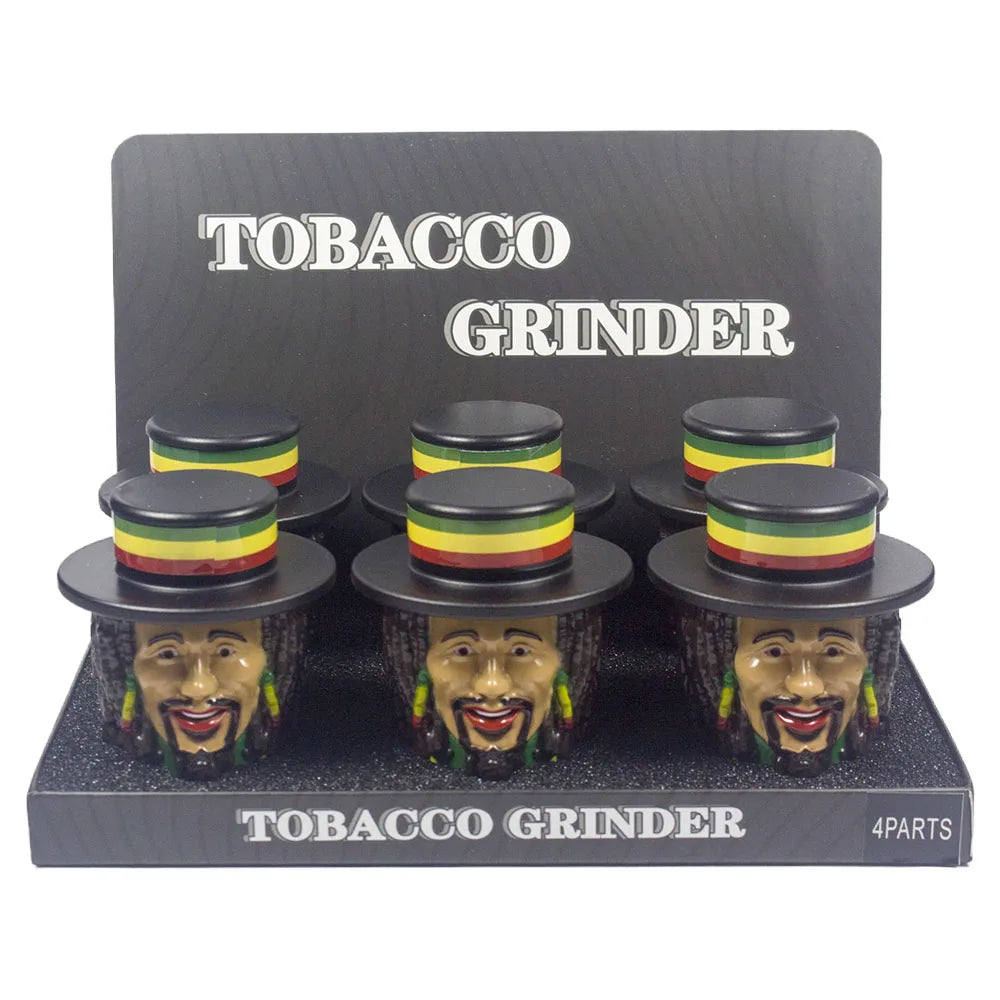 1.5" Tobacco Herb Grinder Spice Herbal 4 PC Smoke Crusher 3D Rasta Man with Hat