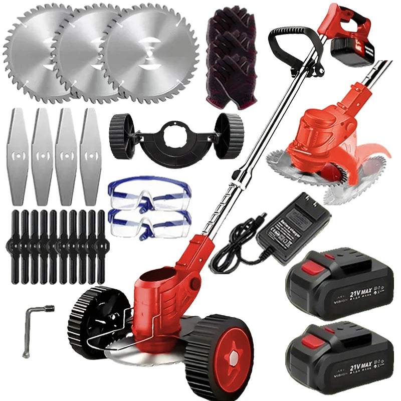 Cordless Lawn Trimmer Weed Wacker Lawn Mower Grass Edger with 2 Li-Ion Batteries Powered & 3 Cutting Blade Types