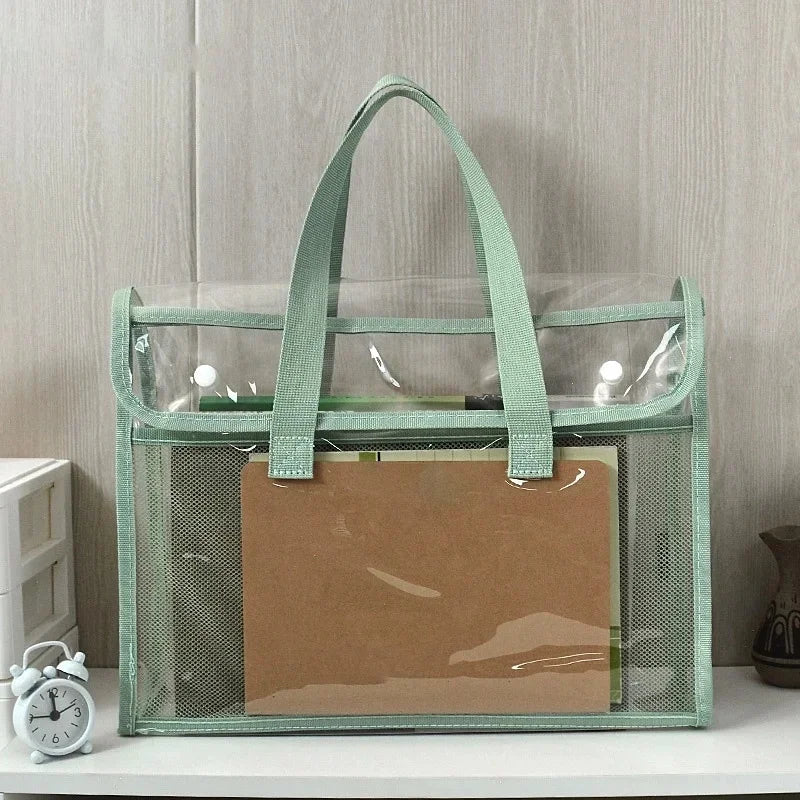 Clear Transparent PVC Tote Bag Large Capacity Waterproof Mesh Pocket Reinforced Handle for School Commute Beach