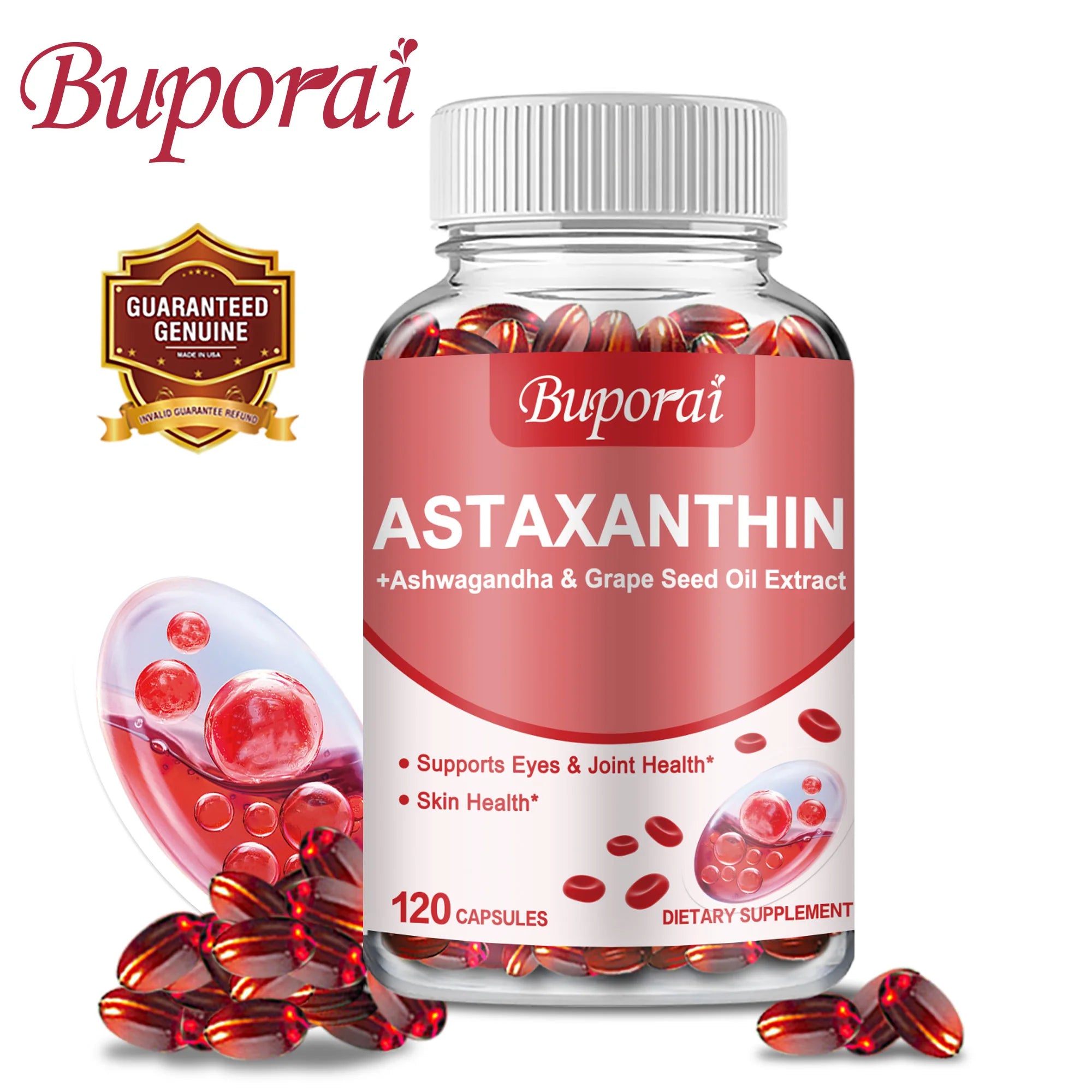 Astaxanthin 24mg - with Grapeseed Oil, Ashwagandha - Supports Cardiovascular,Eye, Joint, Skin Health, Antioxidant - 120 Capsules
