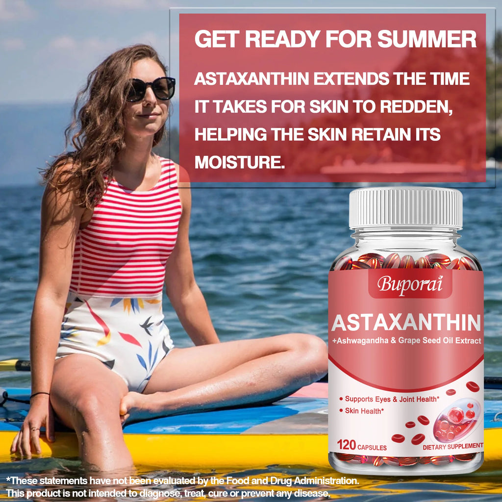 Astaxanthin 24mg - with Grapeseed Oil, Ashwagandha - Supports Cardiovascular,Eye, Joint, Skin Health, Antioxidant - 120 Capsules