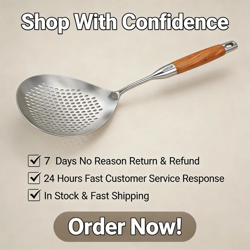 Food Grade Stainless Steel Slotted Spoon Wooden Handle Heat Resistant Kitchen Skimmer for Cooking Draining