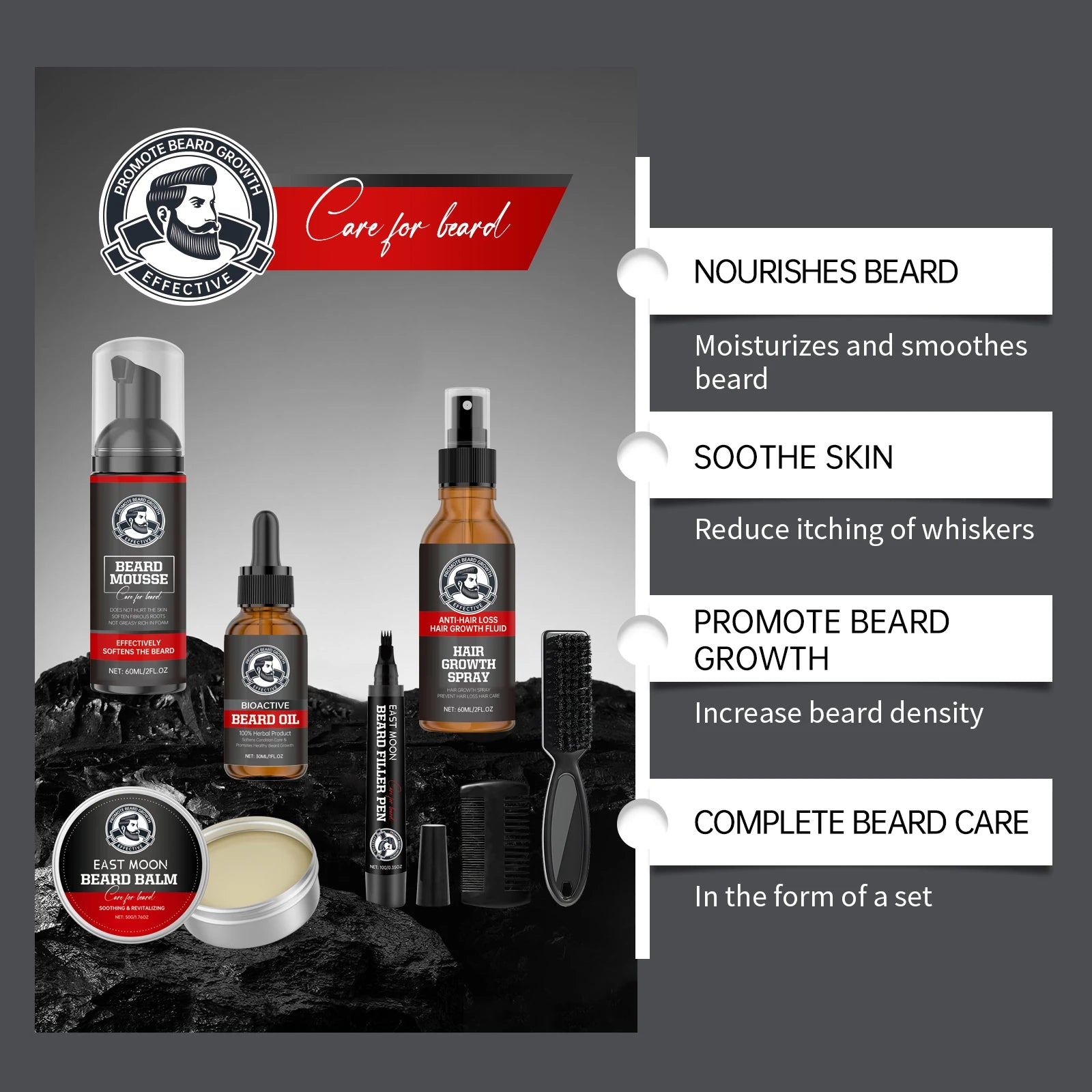 East Moon 1set Men Sandalwood Beard Care Set Moisturizing Balm Nourishing Beards Repair Frizz Moustache Growth Styling Beard Set
