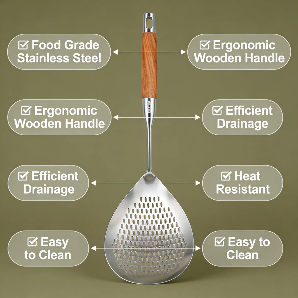 Food Grade Stainless Steel Slotted Spoon Wooden Handle Heat Resistant Kitchen Skimmer for Cooking Draining