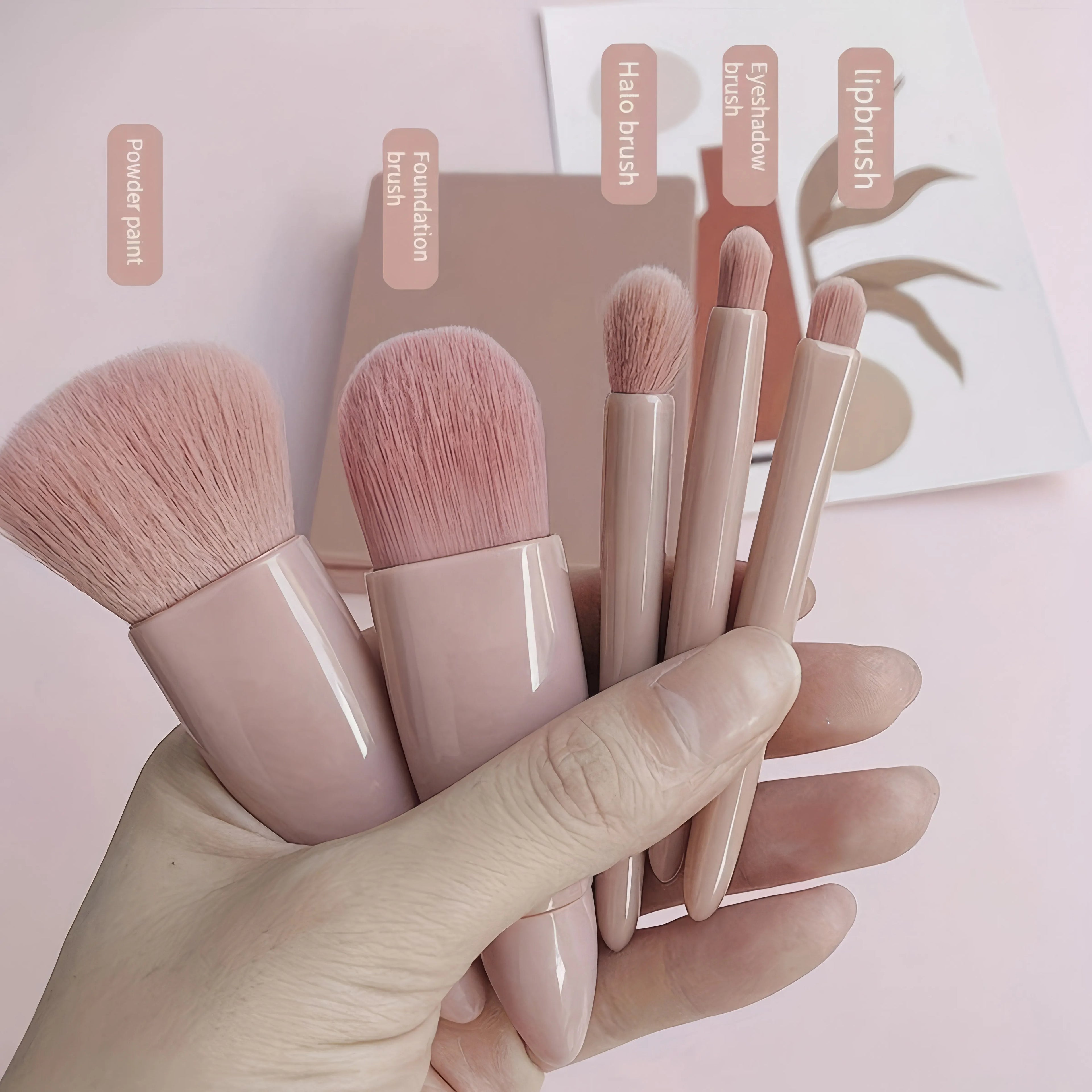1 Set Chic Pink Makeup Brush Set - Mirror Compact, 5pcs Soft Bristles Versatile for Blush Eye Foundation