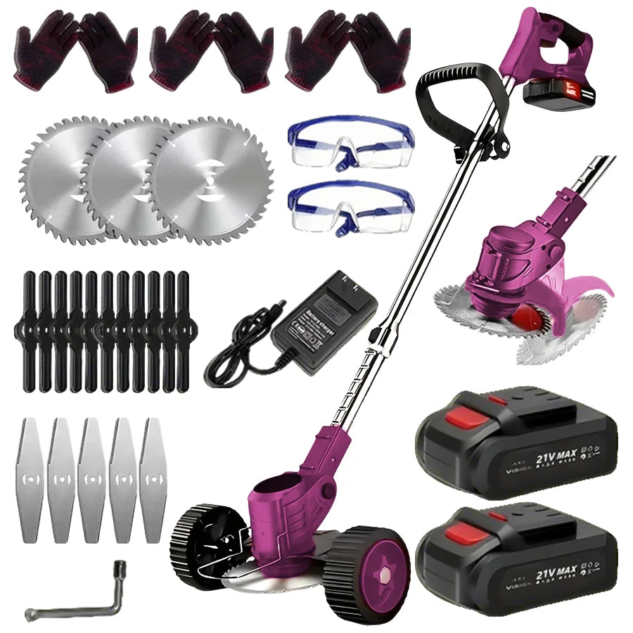 Cordless Lawn Trimmer Weed Wacker Lawn Mower Grass Edger with 2 Li-Ion Batteries Powered & 3 Cutting Blade Types