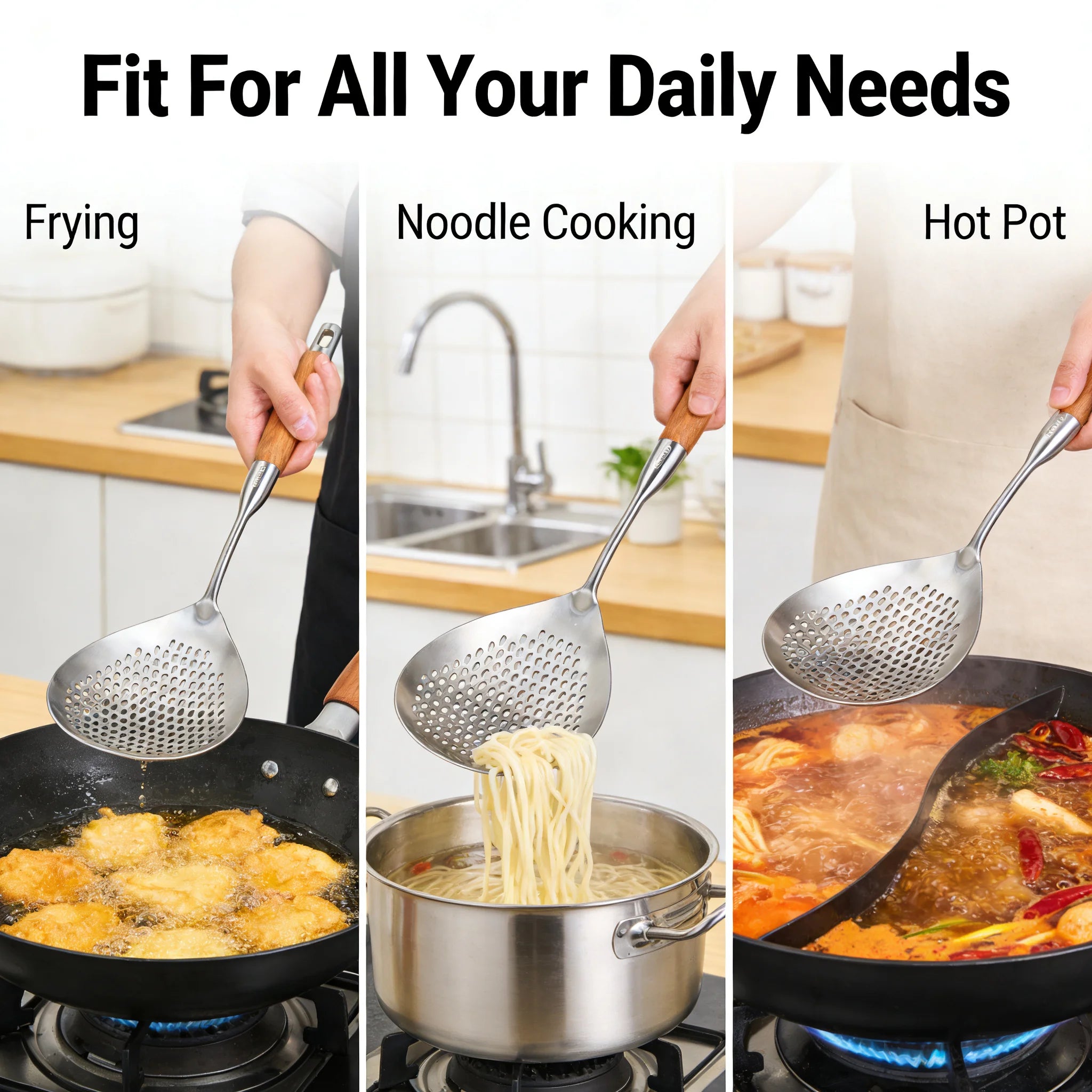 Food Grade Stainless Steel Slotted Spoon Wooden Handle Heat Resistant Kitchen Skimmer for Cooking Draining