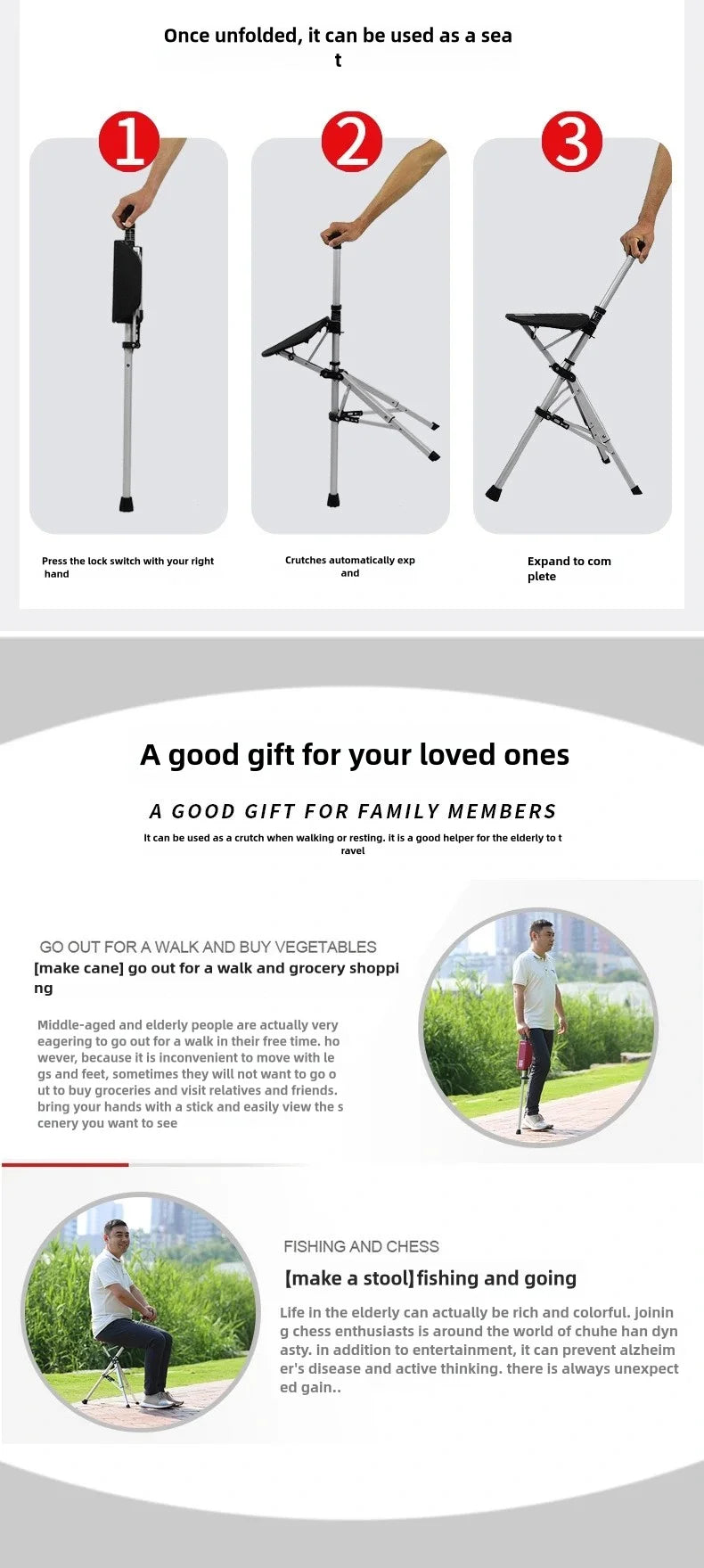 A 2-in-1 portable folding cane and chair combination that can be quickly folded and unfolded, equipped with a seat and three leg