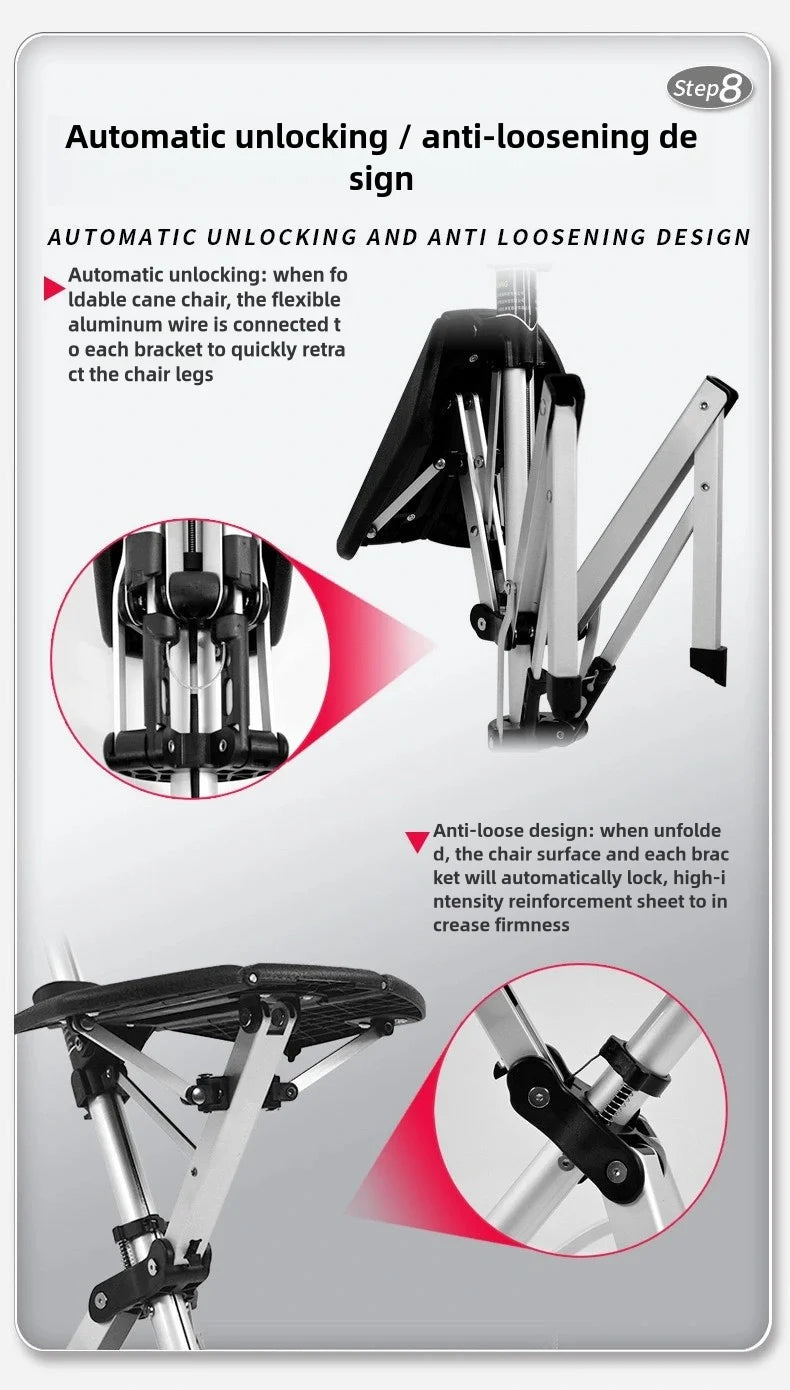 A 2-in-1 portable folding cane and chair combination that can be quickly folded and unfolded, equipped with a seat and three leg