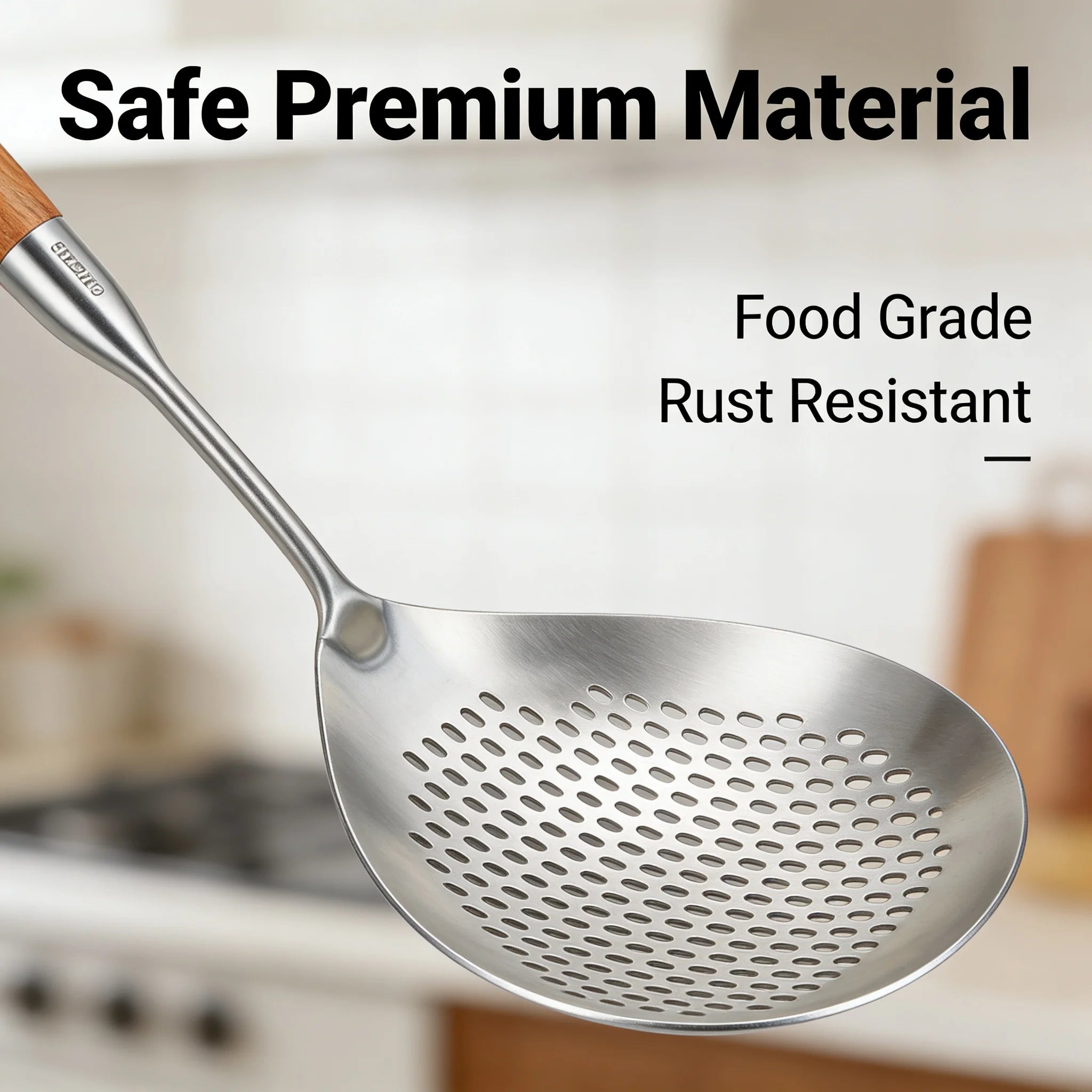 Food Grade Stainless Steel Slotted Spoon Wooden Handle Heat Resistant Kitchen Skimmer for Cooking Draining