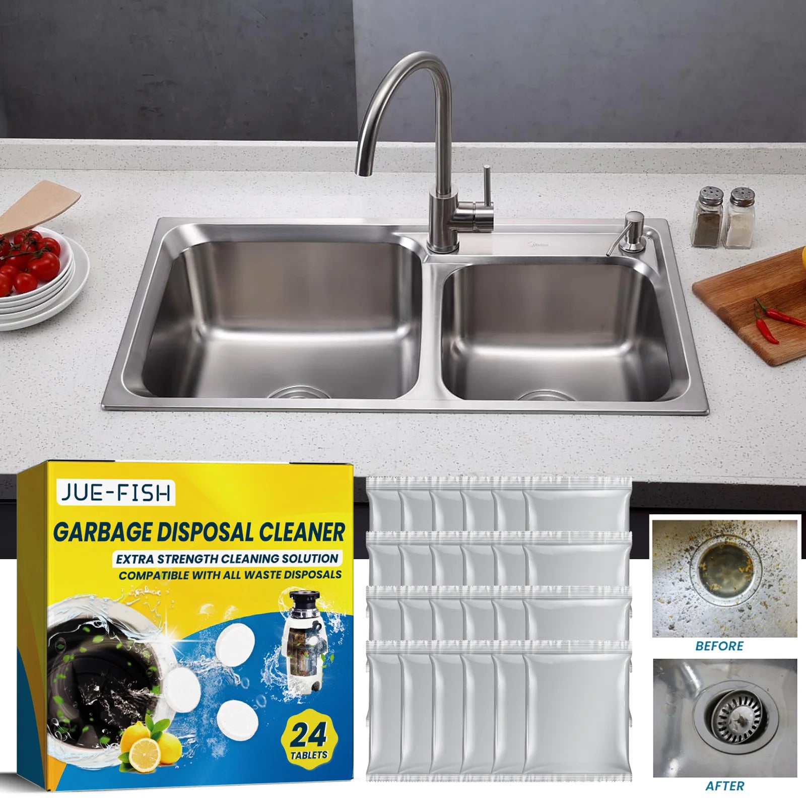 Jue-Fish 24pcs Sink Cleaning Tablet Drain Pipe Dredging Deodorant Toilet Refresh Clogging Removal Kitchen Sewer Cleaning Tablets