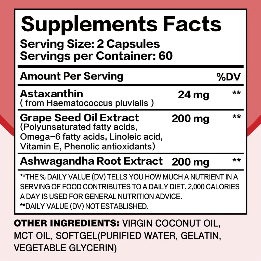 Astaxanthin 24mg - with Grapeseed Oil, Ashwagandha - Supports Cardiovascular,Eye, Joint, Skin Health, Antioxidant - 120 Capsules