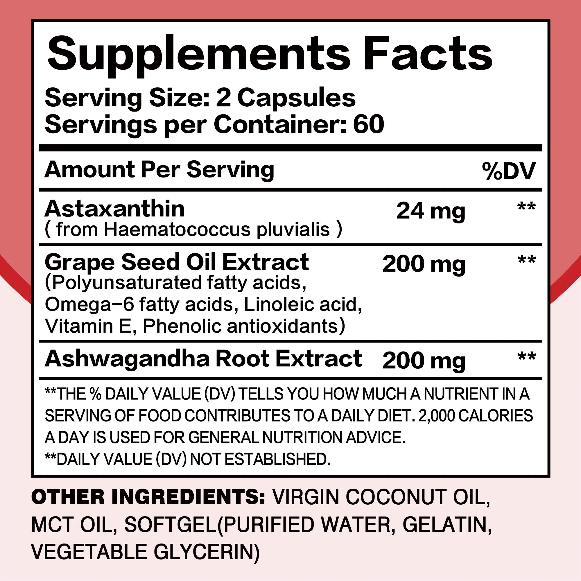 Astaxanthin 24mg - with Grapeseed Oil, Ashwagandha - Supports Cardiovascular,Eye, Joint, Skin Health, Antioxidant - 120 Capsules
