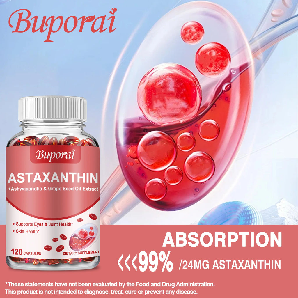 Astaxanthin 24mg - with Grapeseed Oil, Ashwagandha - Supports Cardiovascular,Eye, Joint, Skin Health, Antioxidant - 120 Capsules