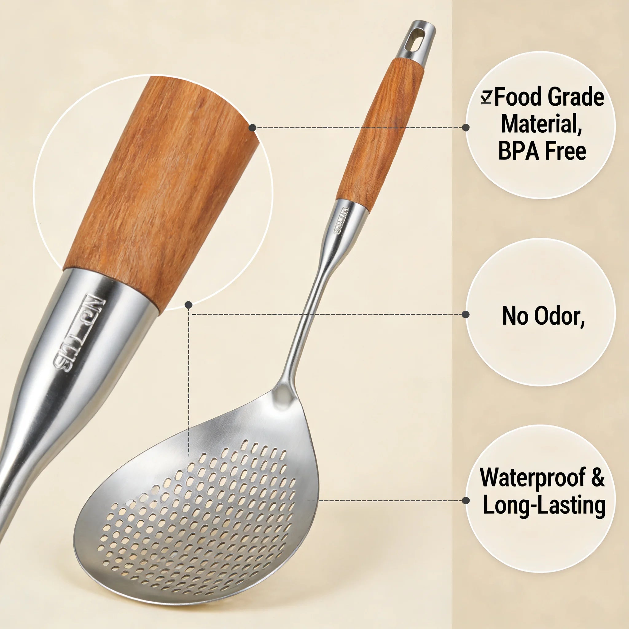 Food Grade Stainless Steel Slotted Spoon Wooden Handle Heat Resistant Kitchen Skimmer for Cooking Draining