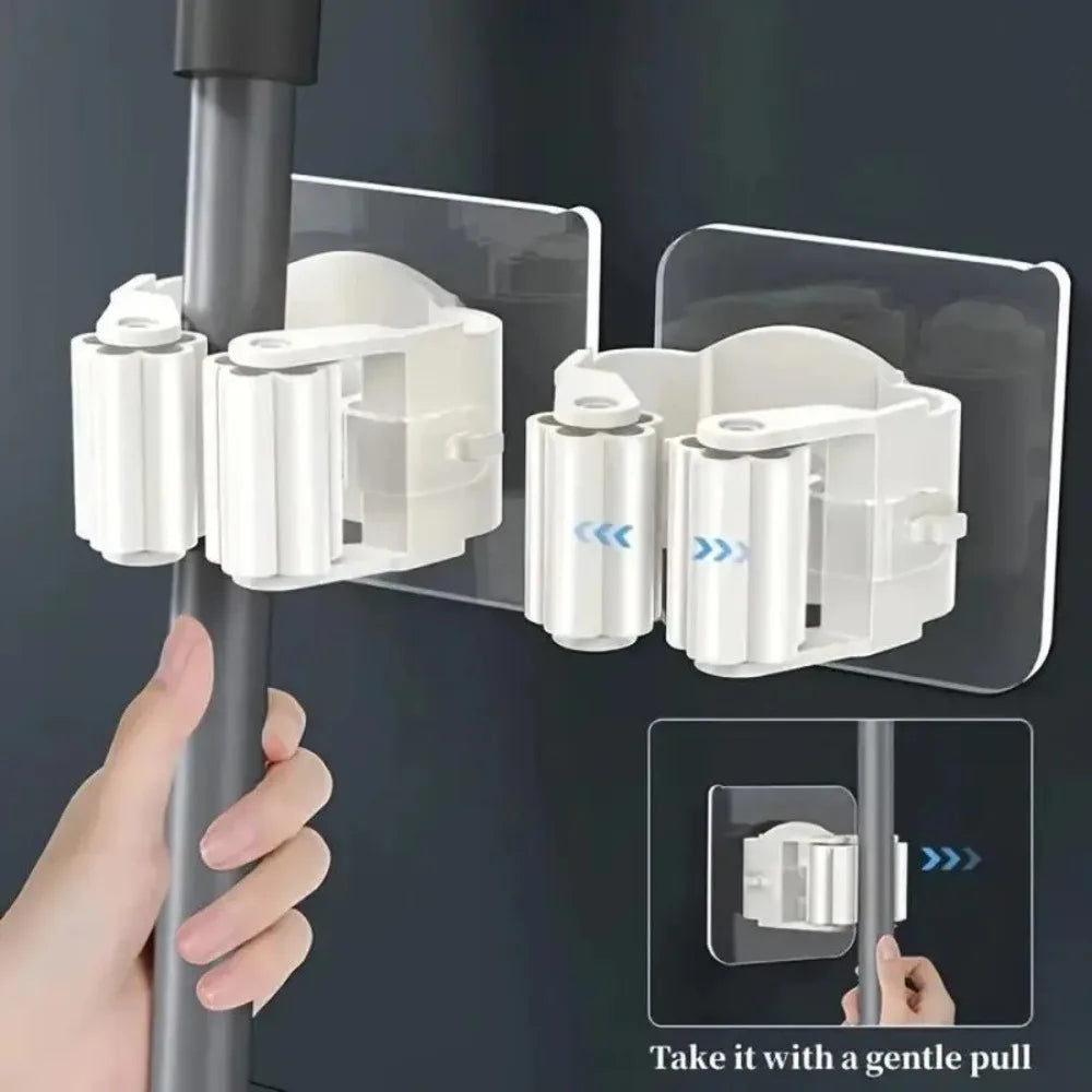 4 Piece White Non Perforated Mop Holder, Self-adhesive Installation, Suitable for Kitchen and Bathroom - Can Fix Brooms, Mops