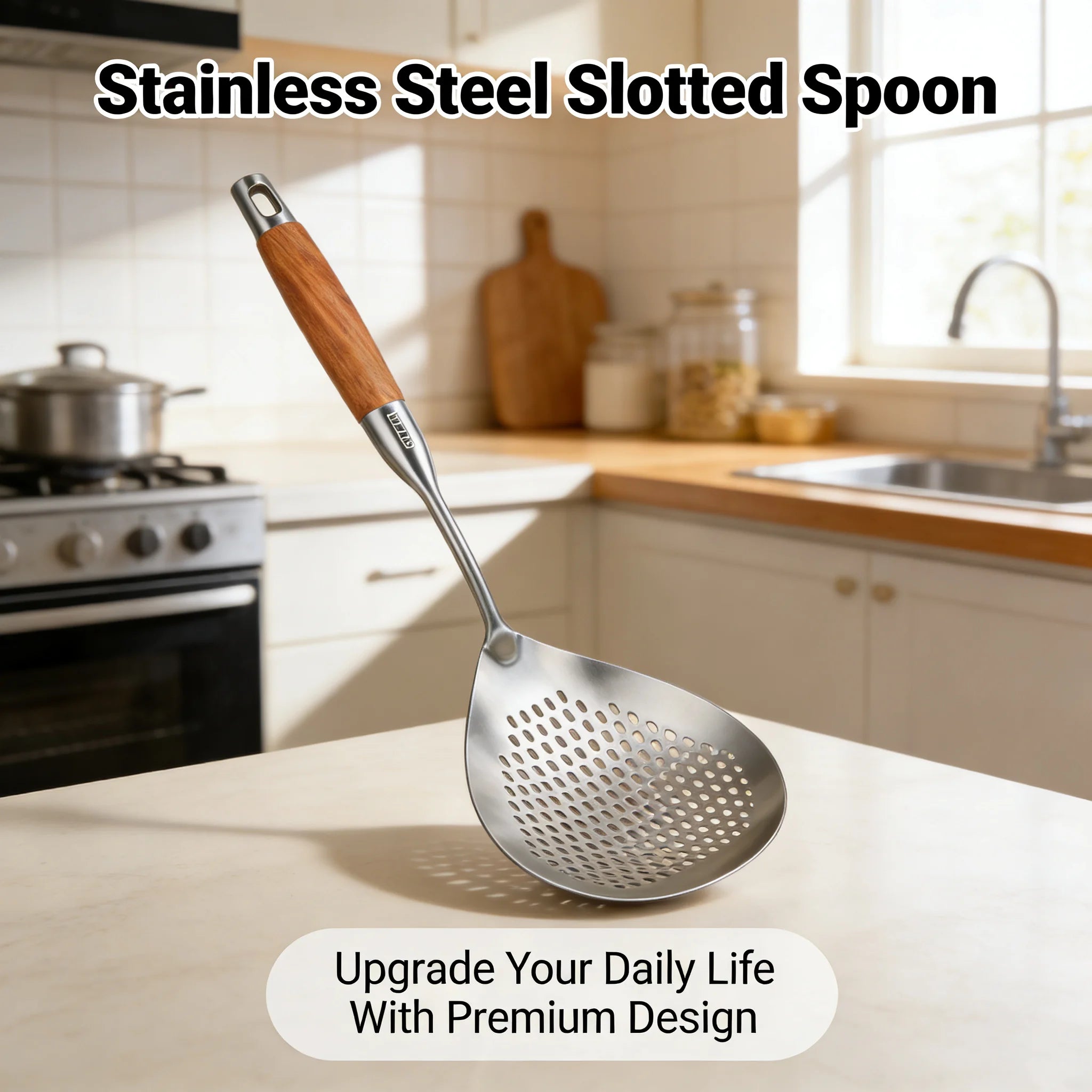 Food Grade Stainless Steel Slotted Spoon Wooden Handle Heat Resistant Kitchen Skimmer for Cooking Draining