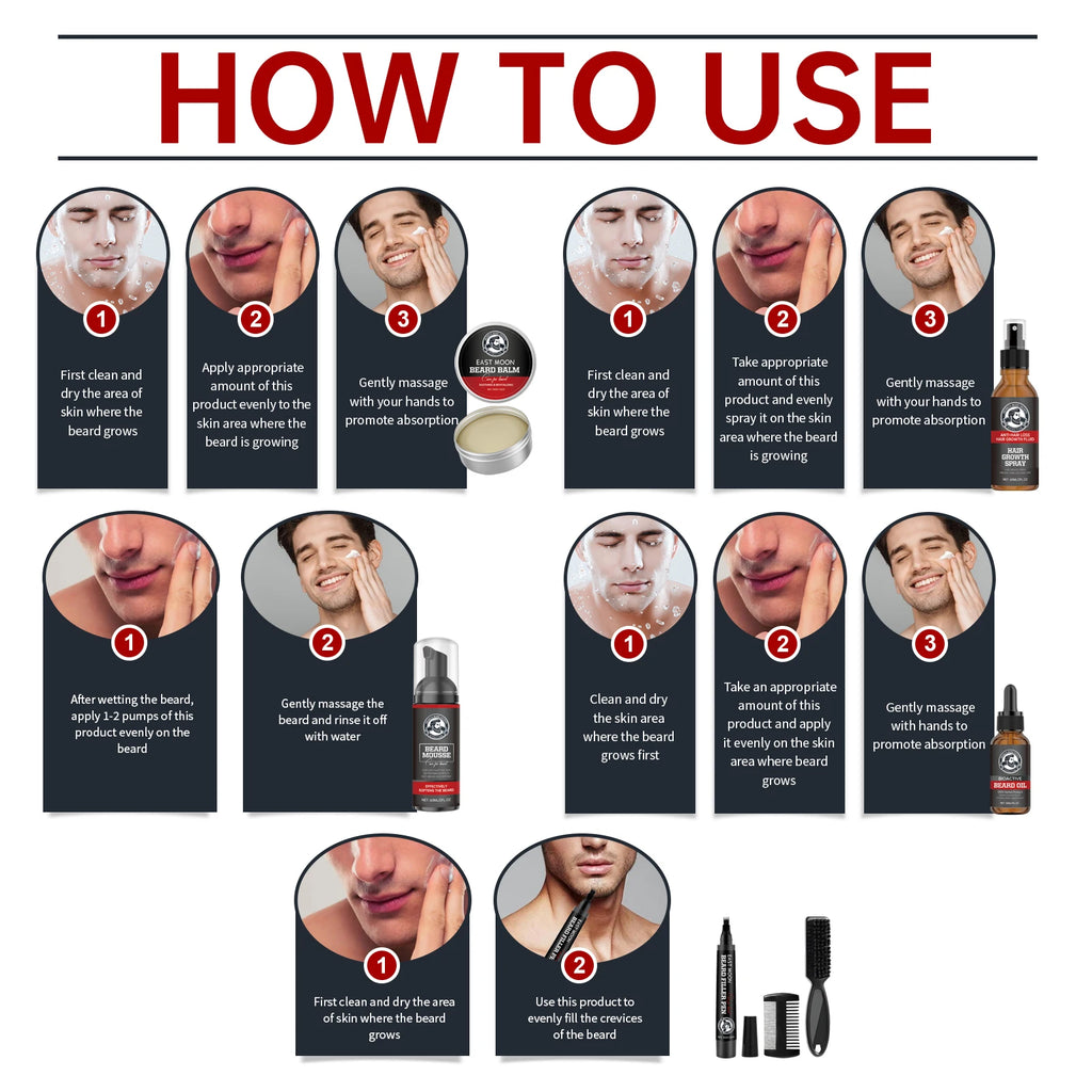 East Moon 1set Men Sandalwood Beard Care Set Moisturizing Balm Nourishing Beards Repair Frizz Moustache Growth Styling Beard Set