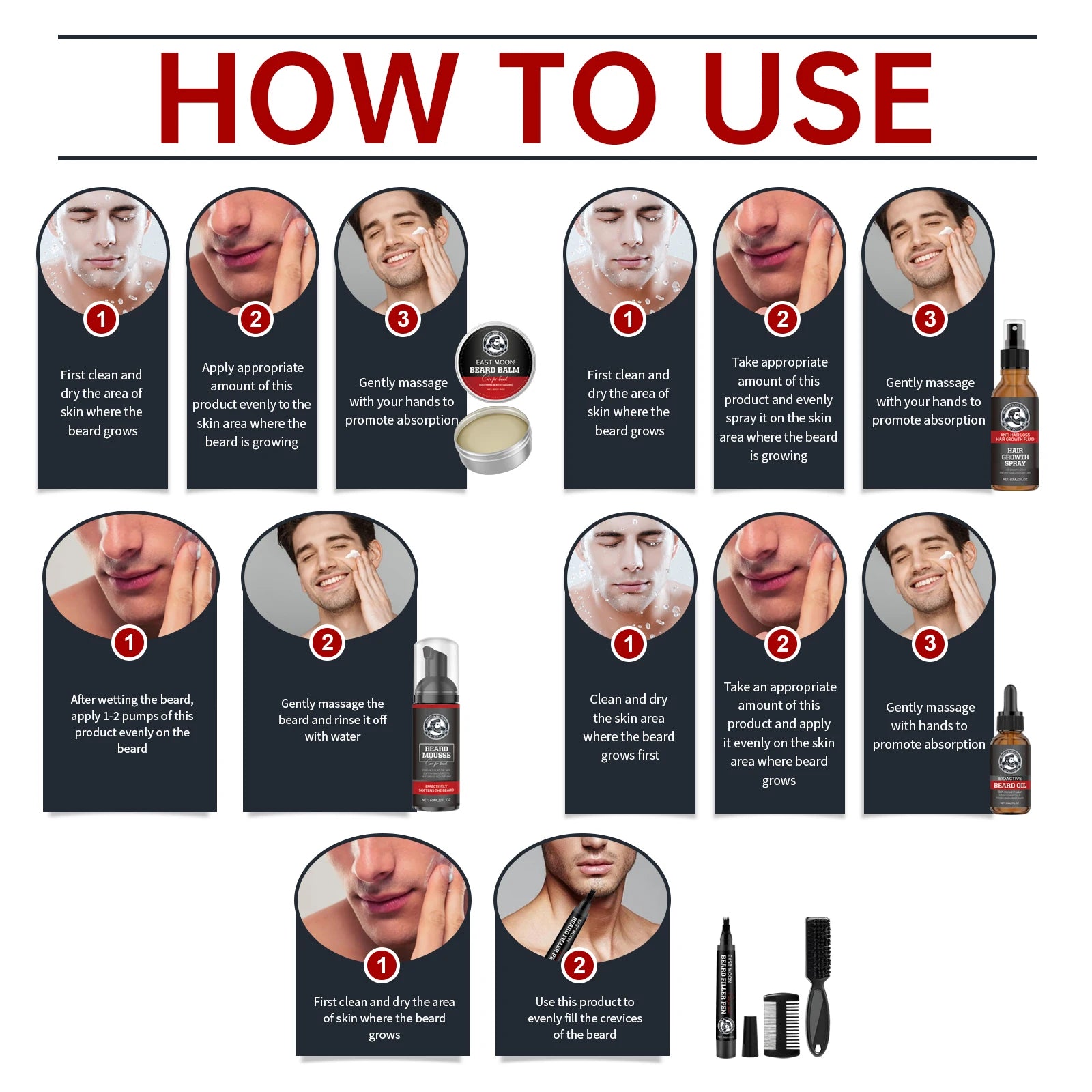 East Moon 1set Men Sandalwood Beard Care Set Moisturizing Balm Nourishing Beards Repair Frizz Moustache Growth Styling Beard Set