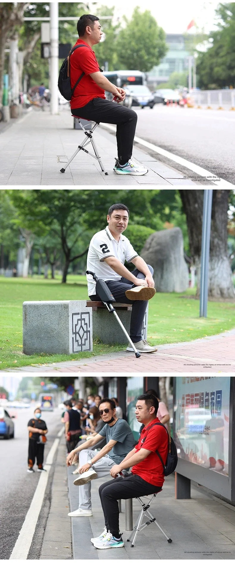 A 2-in-1 portable folding cane and chair combination that can be quickly folded and unfolded, equipped with a seat and three leg