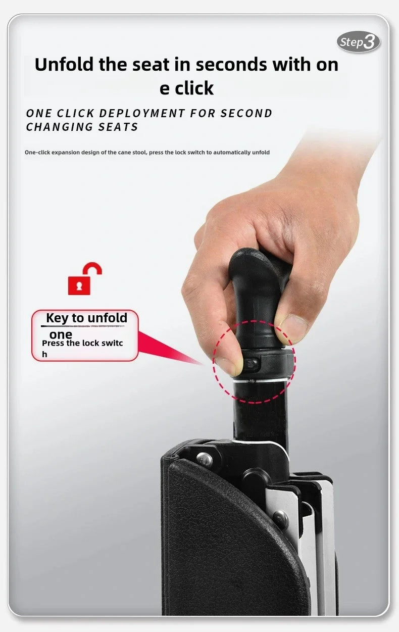 A 2-in-1 portable folding cane and chair combination that can be quickly folded and unfolded, equipped with a seat and three leg