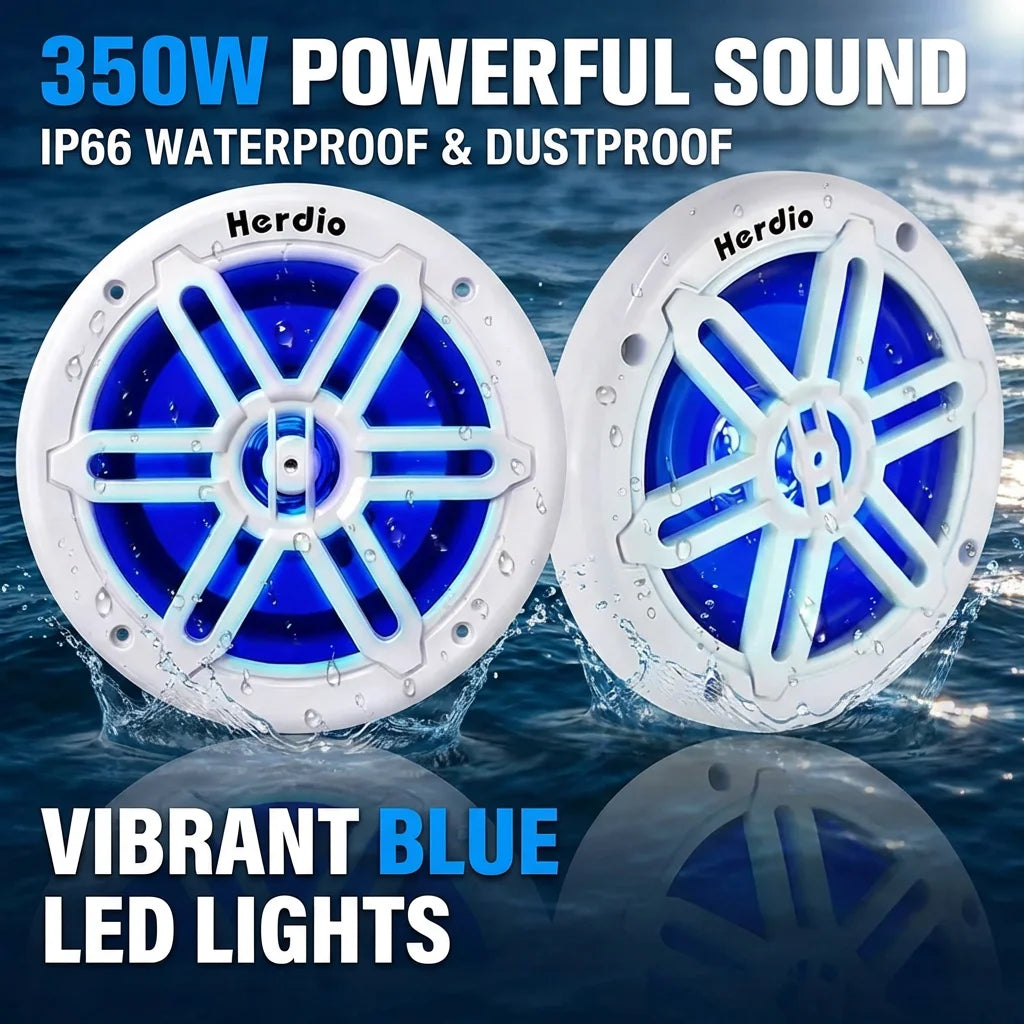 Herdio 6.5 Inch Marine Speaker 350W IP66 Waterproof Coaxial Audio Blue LED Light UV Resistant Grille for Boats ATV/UTV 1 Pair