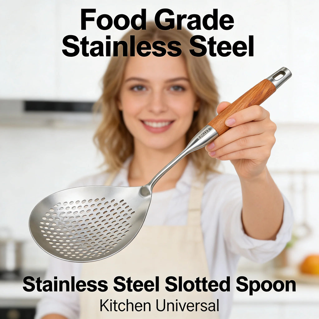 Food Grade Stainless Steel Slotted Spoon Wooden Handle Heat Resistant Kitchen Skimmer for Cooking Draining