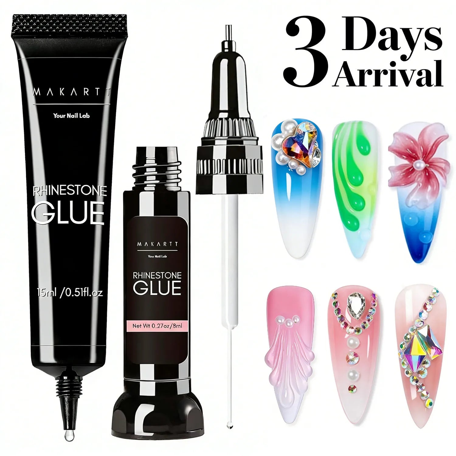 Makartt Nail Rhinestone Glue Set - Gel Nail Glue for Rhinestones, 3D Art Design Super Strong Adhesive for Charm Gems Jewel
