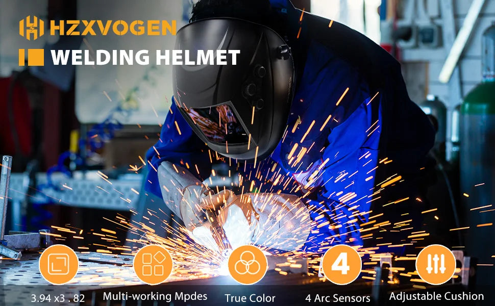 HZXVOGEN Auto Darkening Welding Helmet 3.94”×3.82” Large Viewing Welding Hood True Color Solar Battery Powered Welder Mask HV008