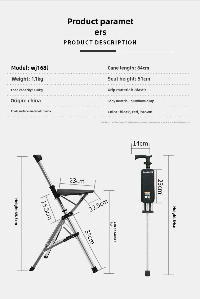 A 2-in-1 portable folding cane and chair combination that can be quickly folded and unfolded, equipped with a seat and three leg