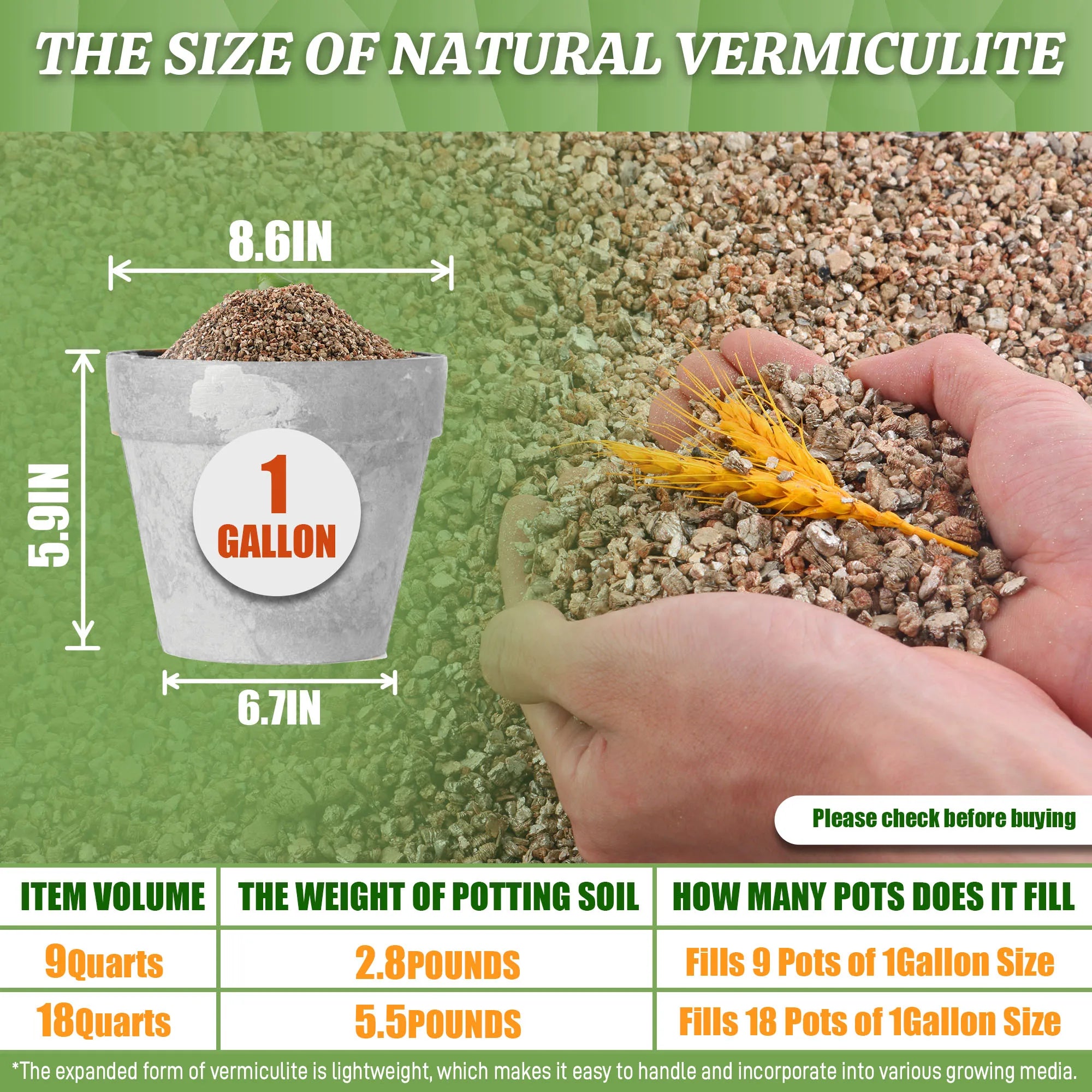 9QT Horticultural Vermiculite, Coarse Vermiculite Grade for Potted Plants & Gardening
