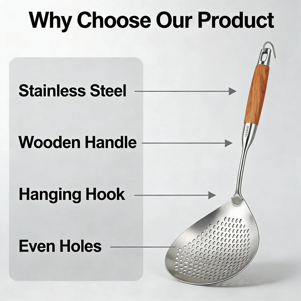 Food Grade Stainless Steel Slotted Spoon Wooden Handle Heat Resistant Kitchen Skimmer for Cooking Draining