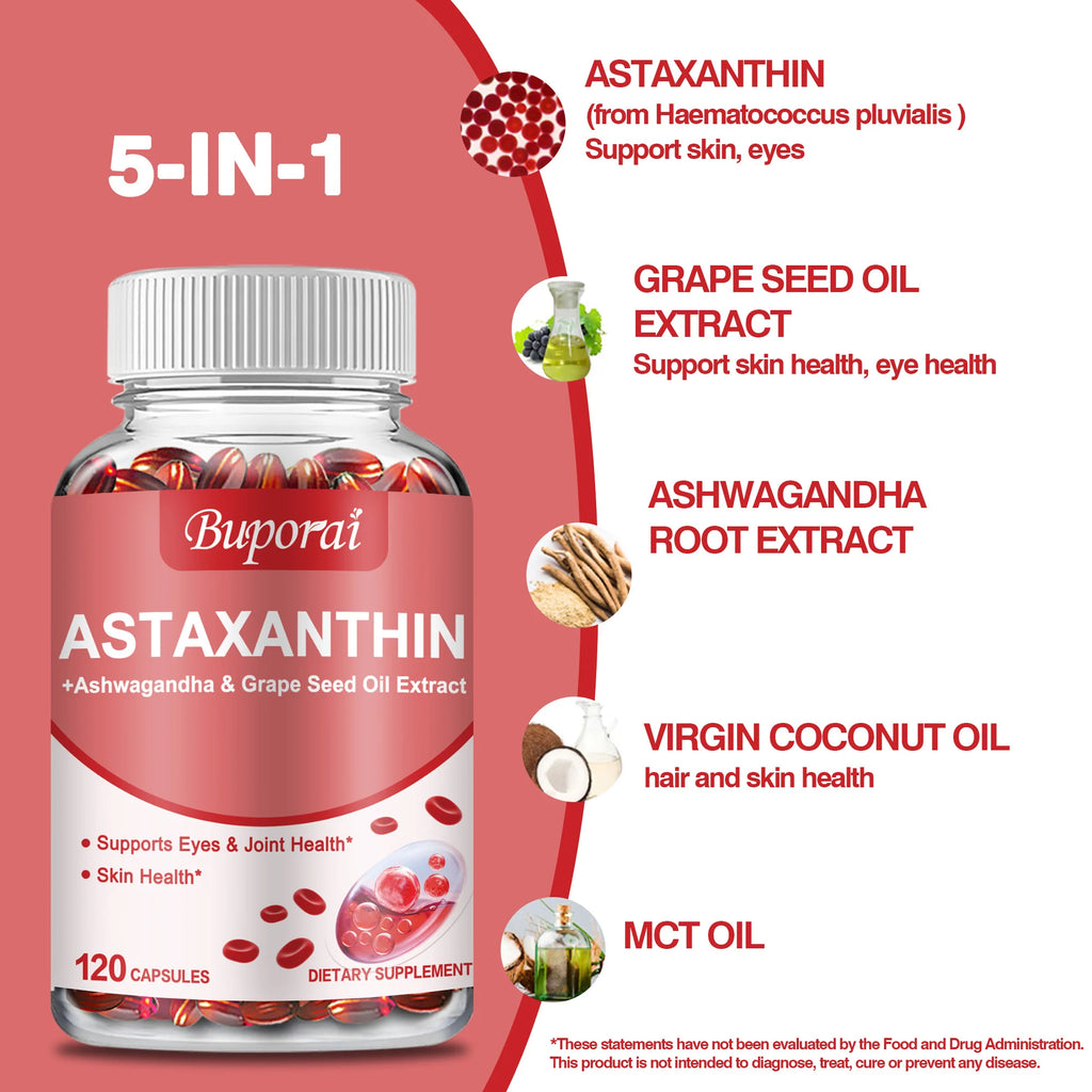Astaxanthin 24mg - with Grapeseed Oil, Ashwagandha - Supports Cardiovascular,Eye, Joint, Skin Health, Antioxidant - 120 Capsules