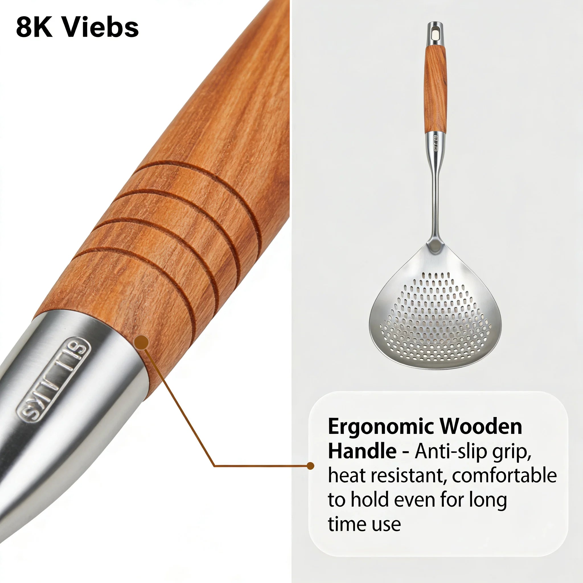 Food Grade Stainless Steel Slotted Spoon Wooden Handle Heat Resistant Kitchen Skimmer for Cooking Draining