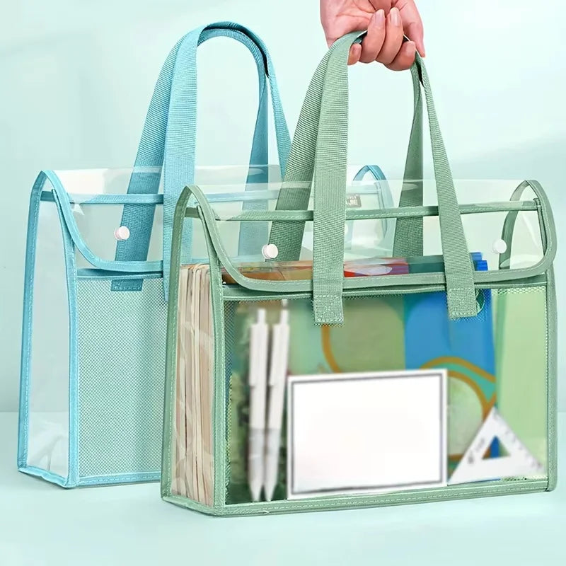 Clear Transparent PVC Tote Bag Large Capacity Waterproof Mesh Pocket Reinforced Handle for School Commute Beach