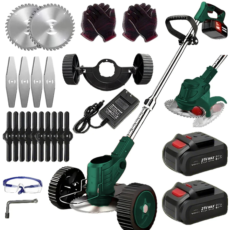 Cordless Lawn Trimmer Weed Wacker Lawn Mower Grass Edger with 2 Li-Ion Batteries Powered & 3 Cutting Blade Types