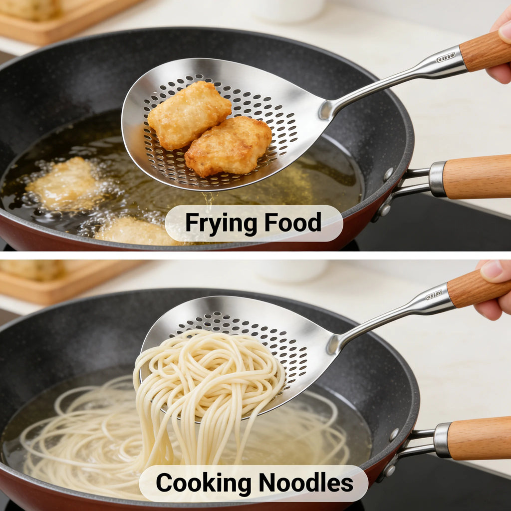 Food Grade Stainless Steel Slotted Spoon Wooden Handle Heat Resistant Kitchen Skimmer for Cooking Draining