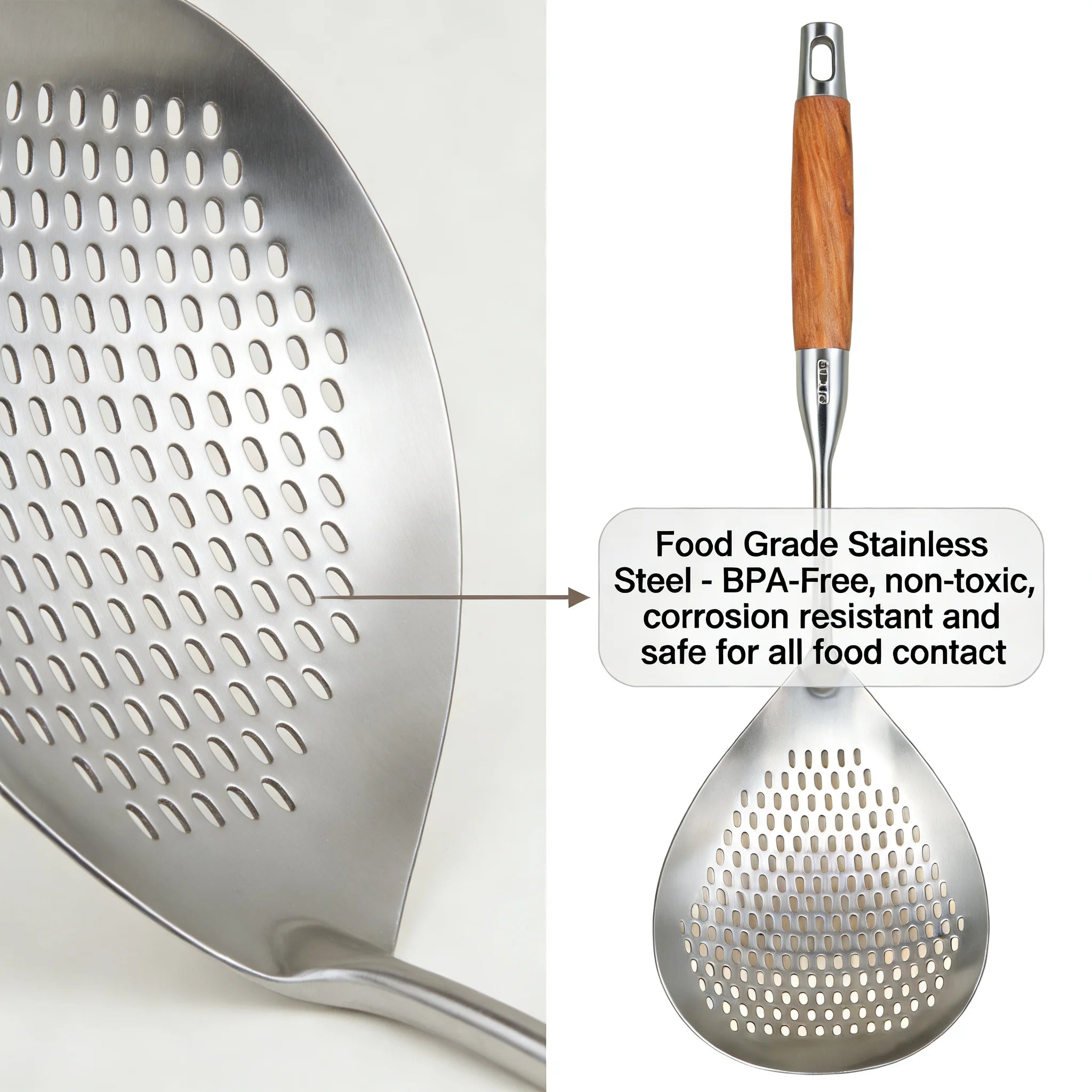 Food Grade Stainless Steel Slotted Spoon Wooden Handle Heat Resistant Kitchen Skimmer for Cooking Draining