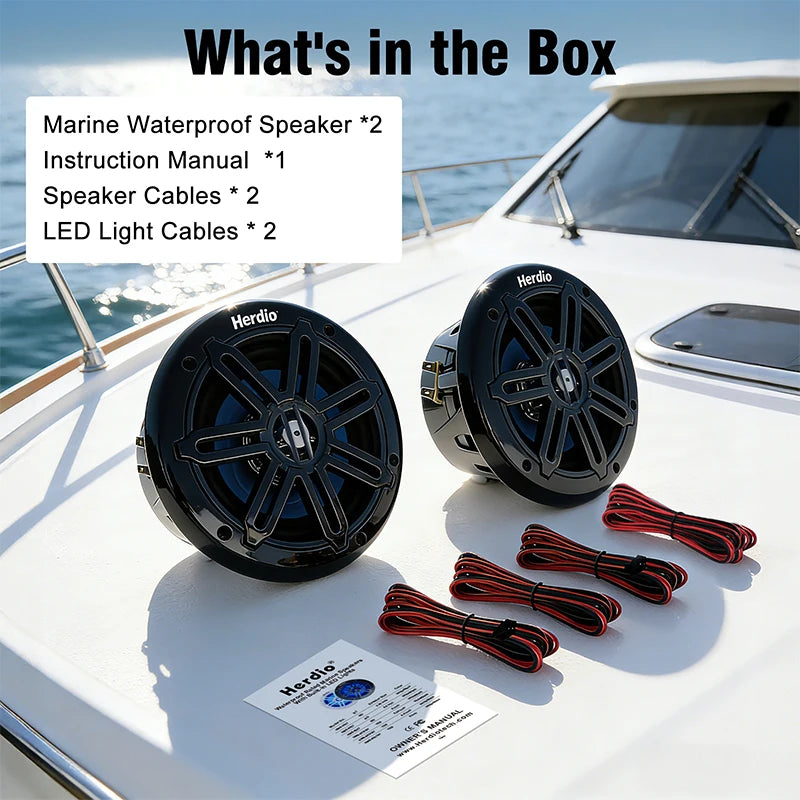 Herdio 6.5 Inch Marine Speaker 350W IP66 Waterproof Coaxial Audio Blue LED Light UV Resistant Grille for Boats ATV/UTV 1 Pair