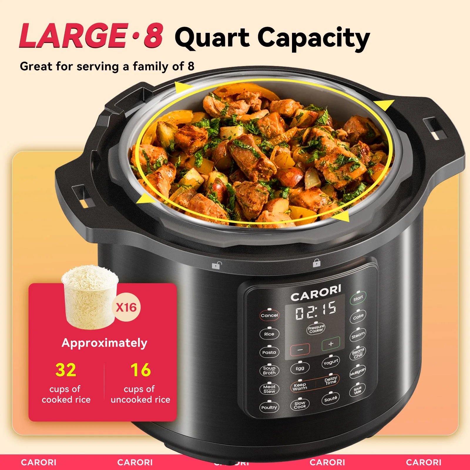 Olla Eléctrica a Presión 1200W 8Qt | 12 en 1 | Acero Inoxidable | Slow Cook, Arroz, Vapor y Yogur