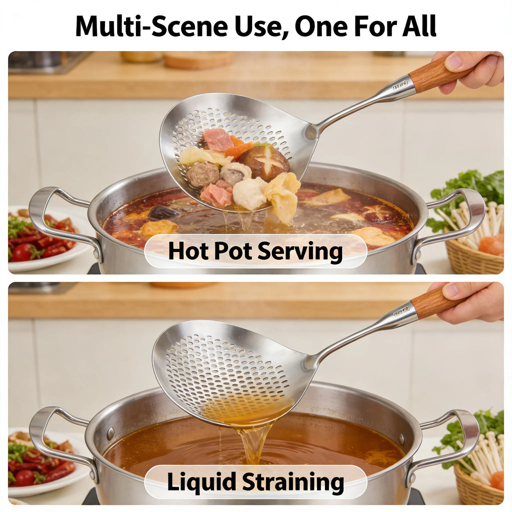 Food Grade Stainless Steel Slotted Spoon Wooden Handle Heat Resistant Kitchen Skimmer for Cooking Draining