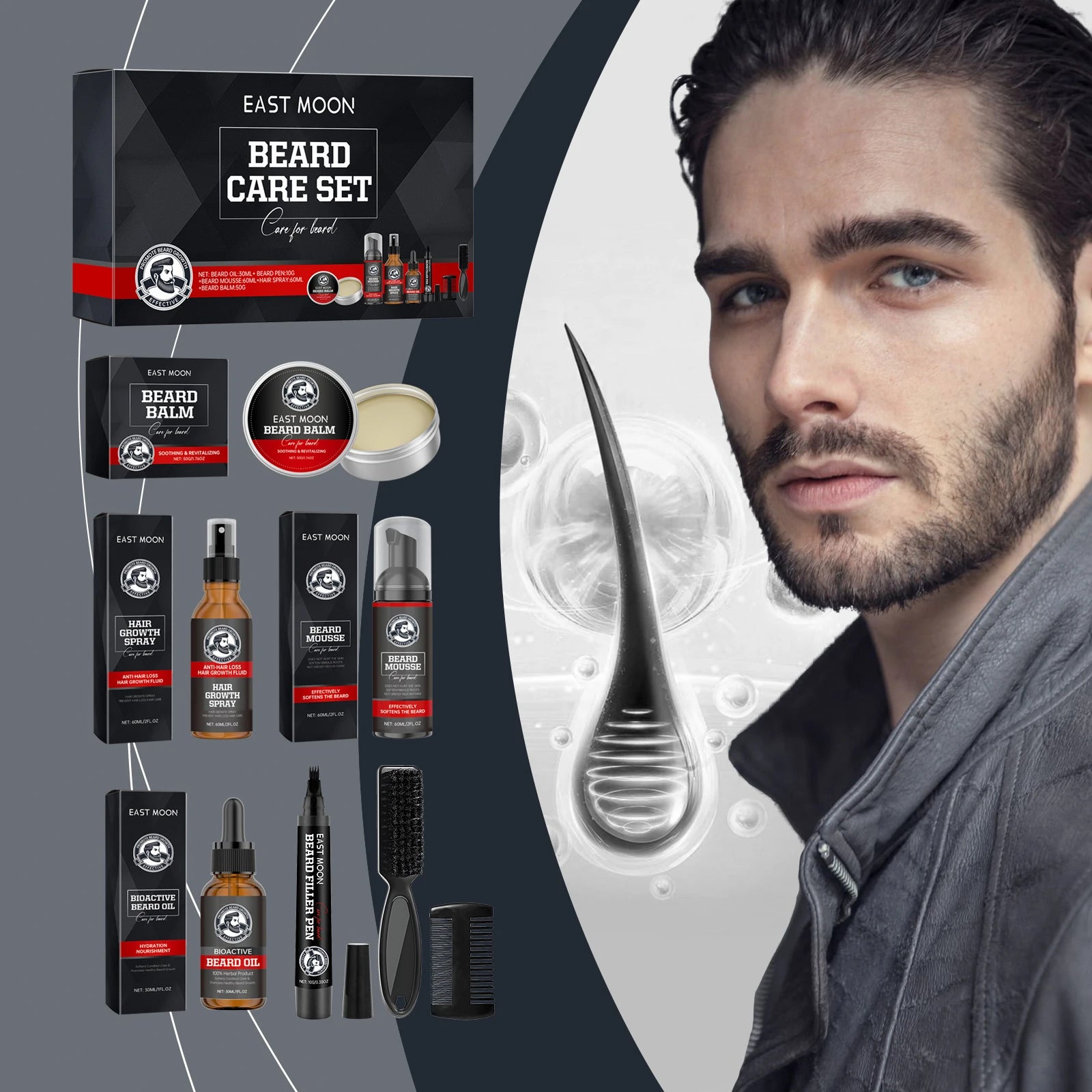 East Moon Men Beard Care Set for Cleaning Strengthen Nourishing Beard Promote Beard Growth Moisturizing Men Whisker Care Set